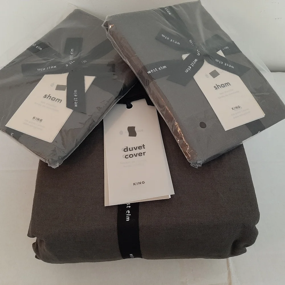 West Elm KING Belgian Flax Linen Duvet cover & 2 King shams Slate